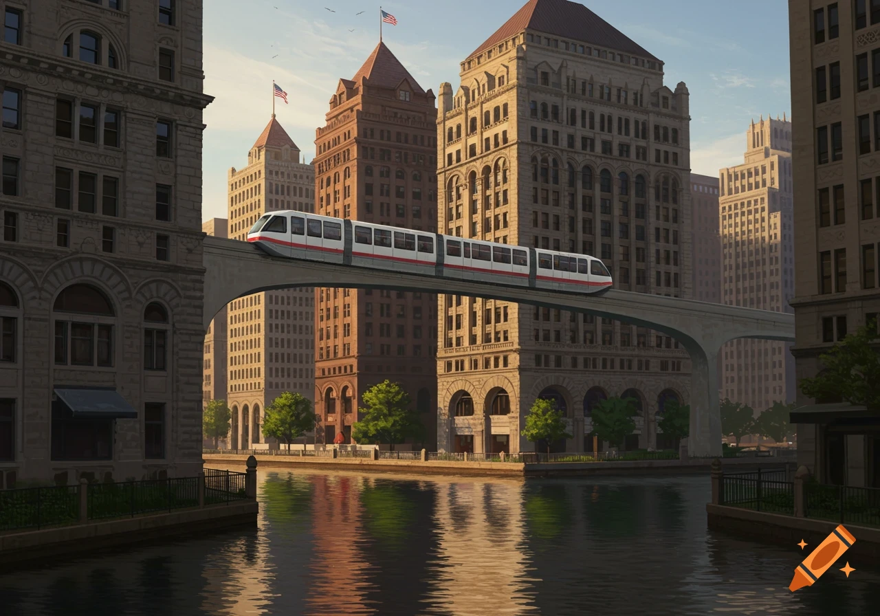 A monorail train travels over a canal lined with tall, old-style city buildings under a clear sky, photorealistic.