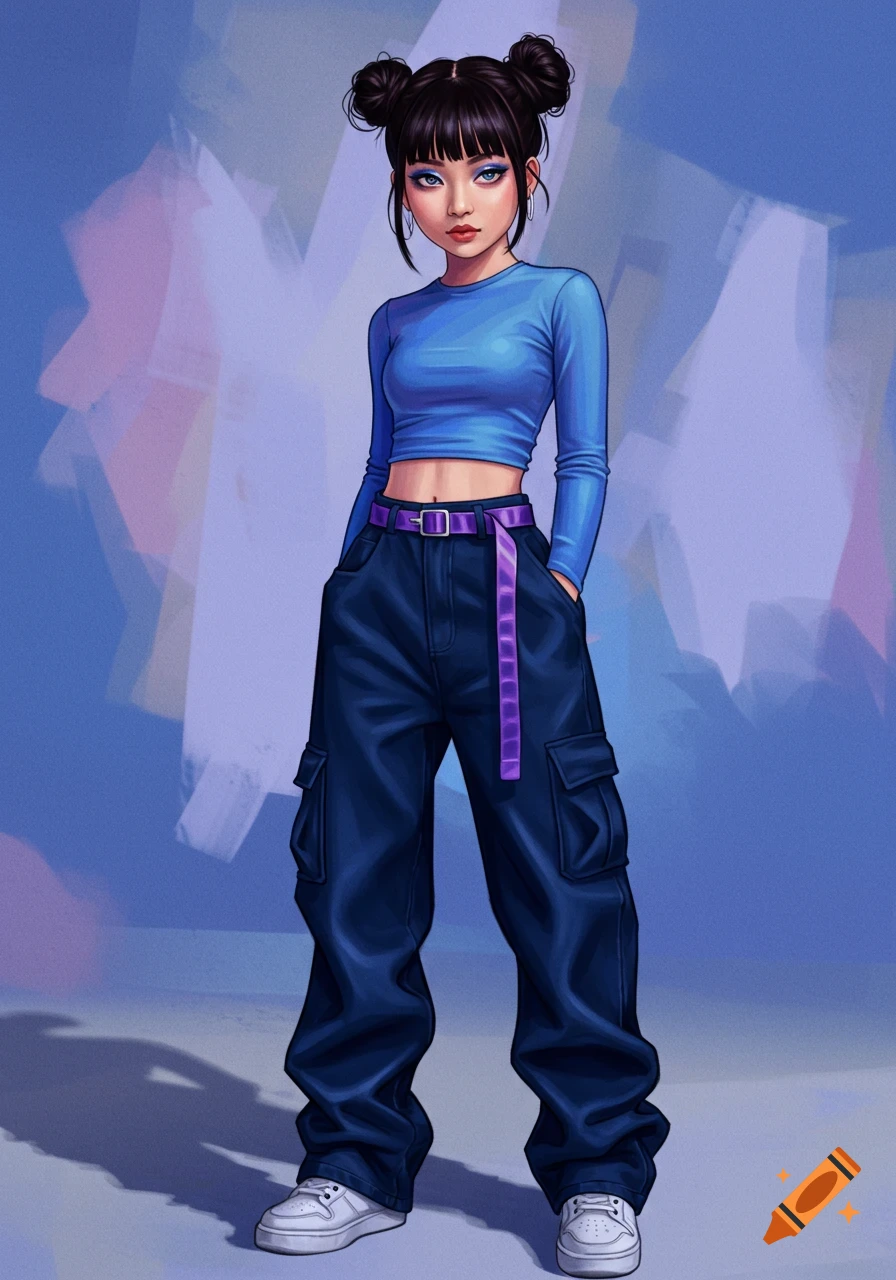 A stylized illustration of a young woman with dark space buns and bangs, wearing a blue crop top, baggy dark blue cargo pants with a purple belt, and white sneakers.