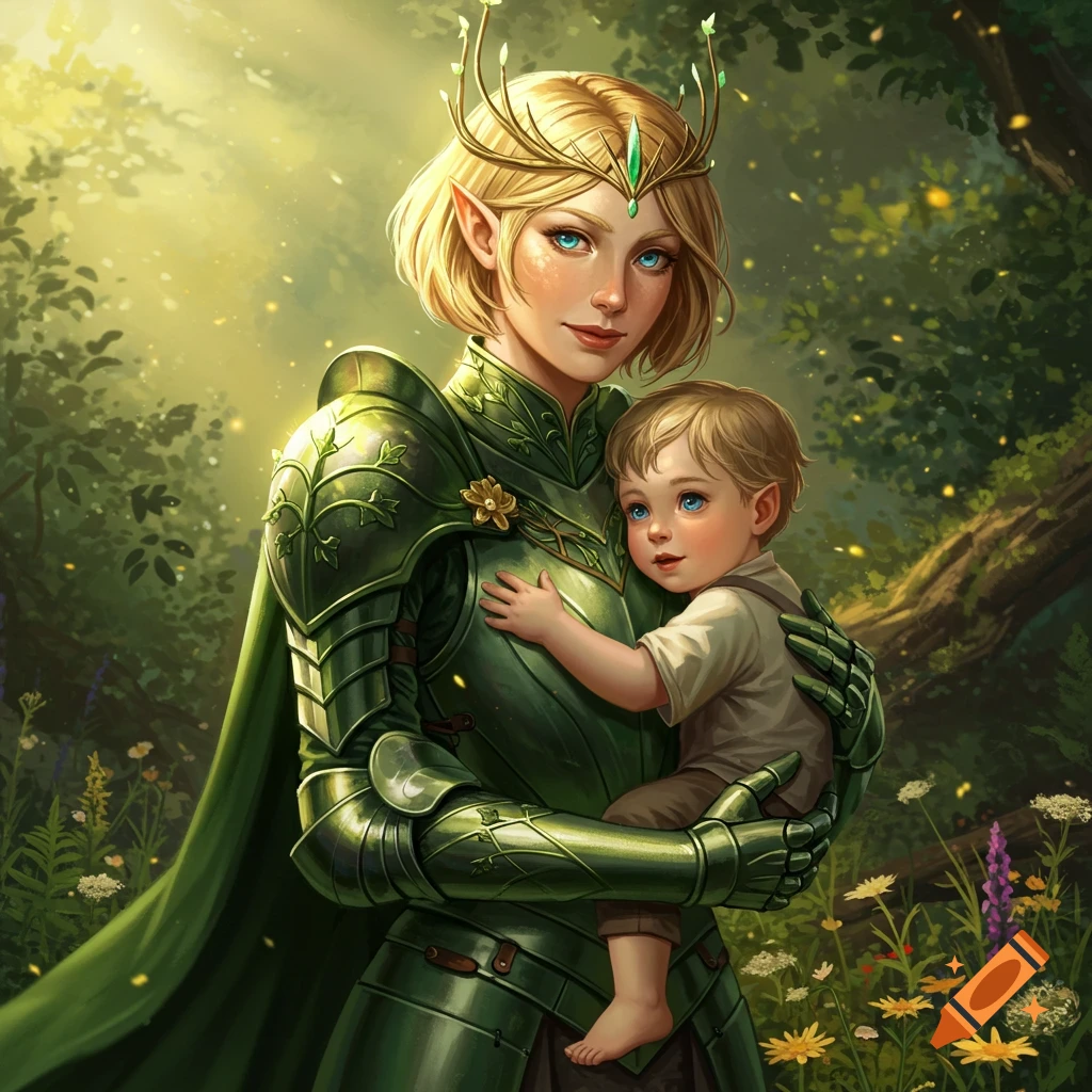 An elven woman in green leaf-patterned armor and a crown, with short blonde hair and blue eyes, holds a blonde-haired child in a sunlit forest.