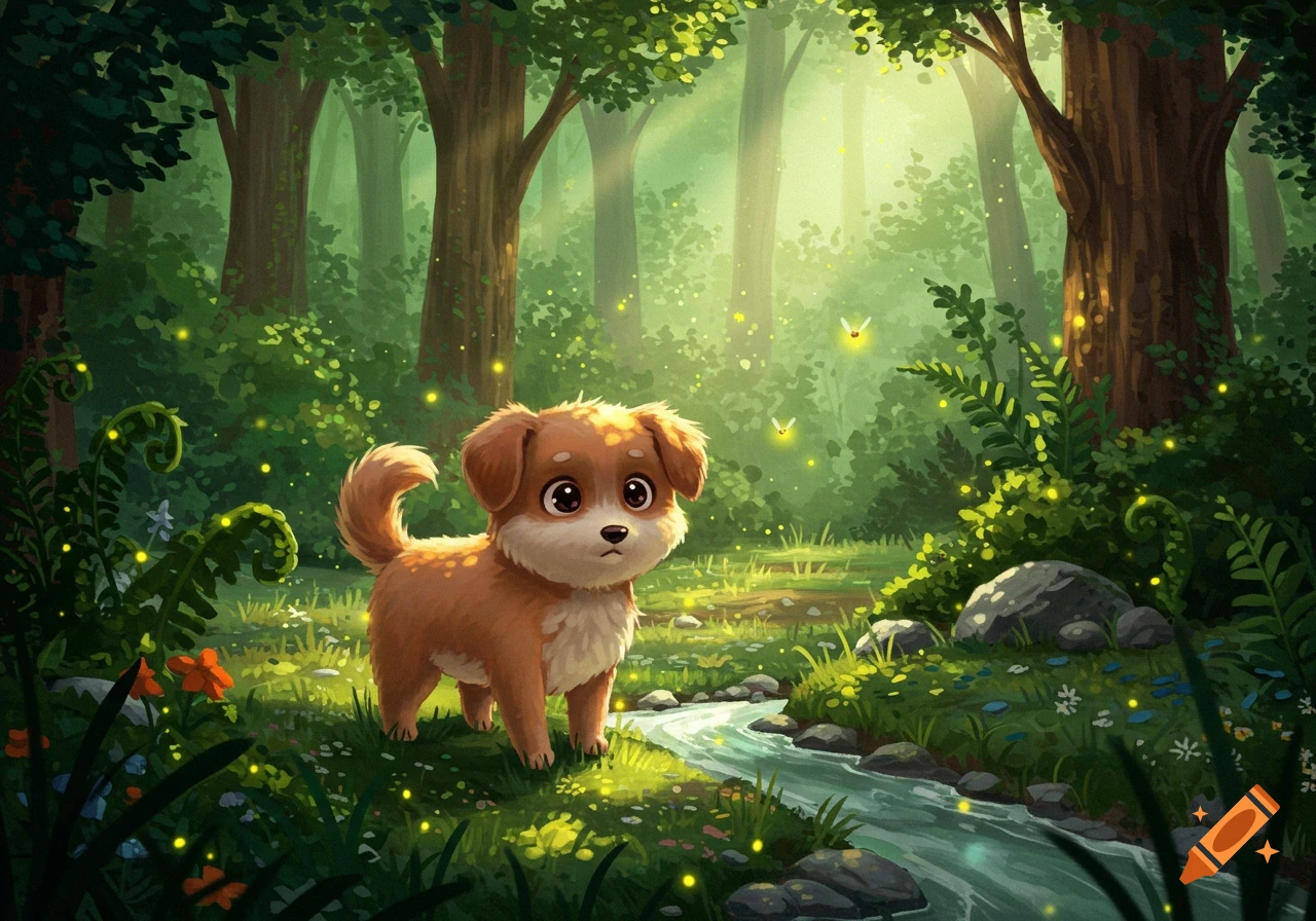 A cute brown puppy stands by a stream in a vibrant, enchanted forest with glowing fireflies, whimsical illustration style.