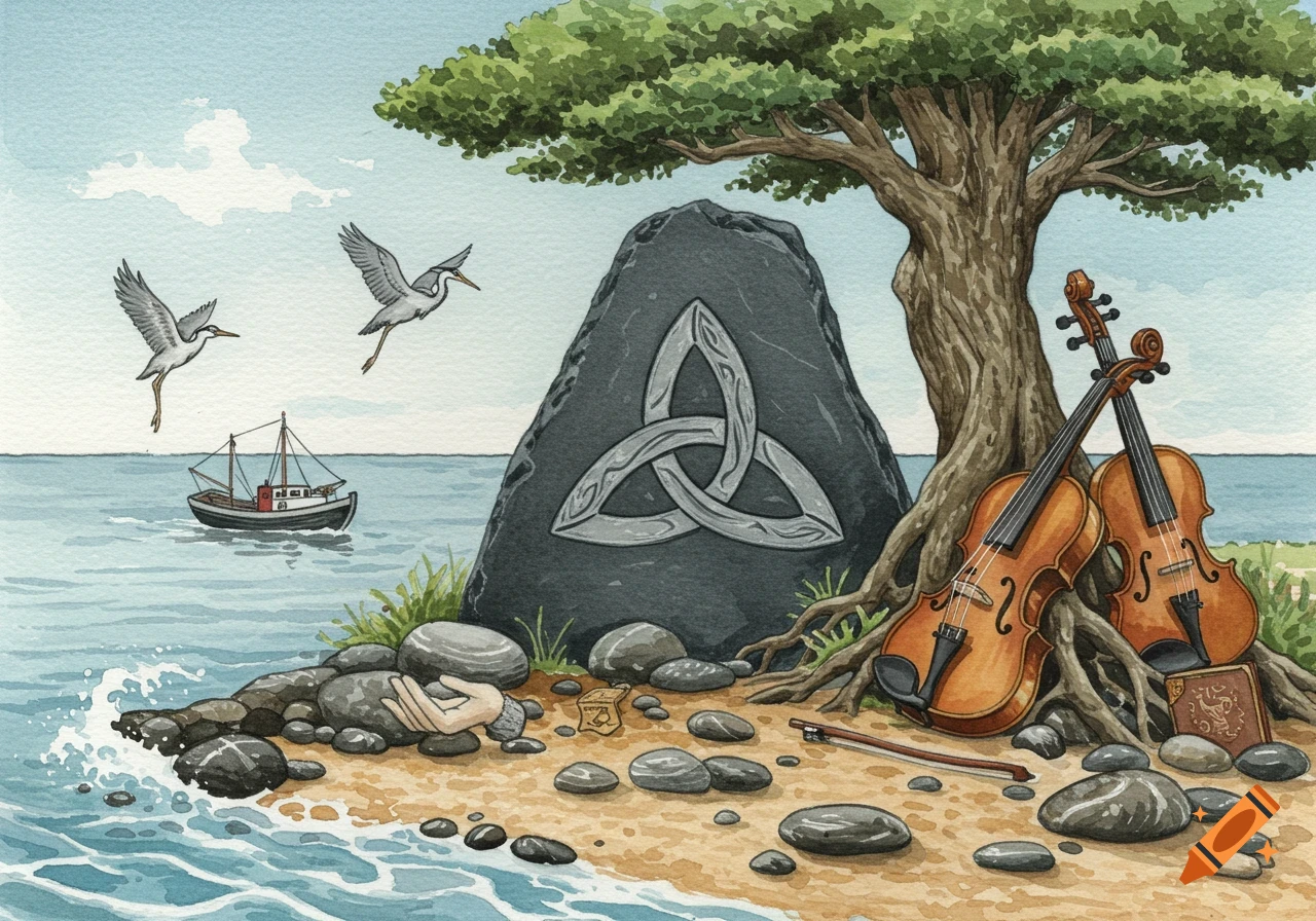 A watercolor illustration of a rocky beach with a large tree, two violins, a Celtic triskel on a stone, a hand emerging from pebbles, a boat, and two birds flying over the sea.