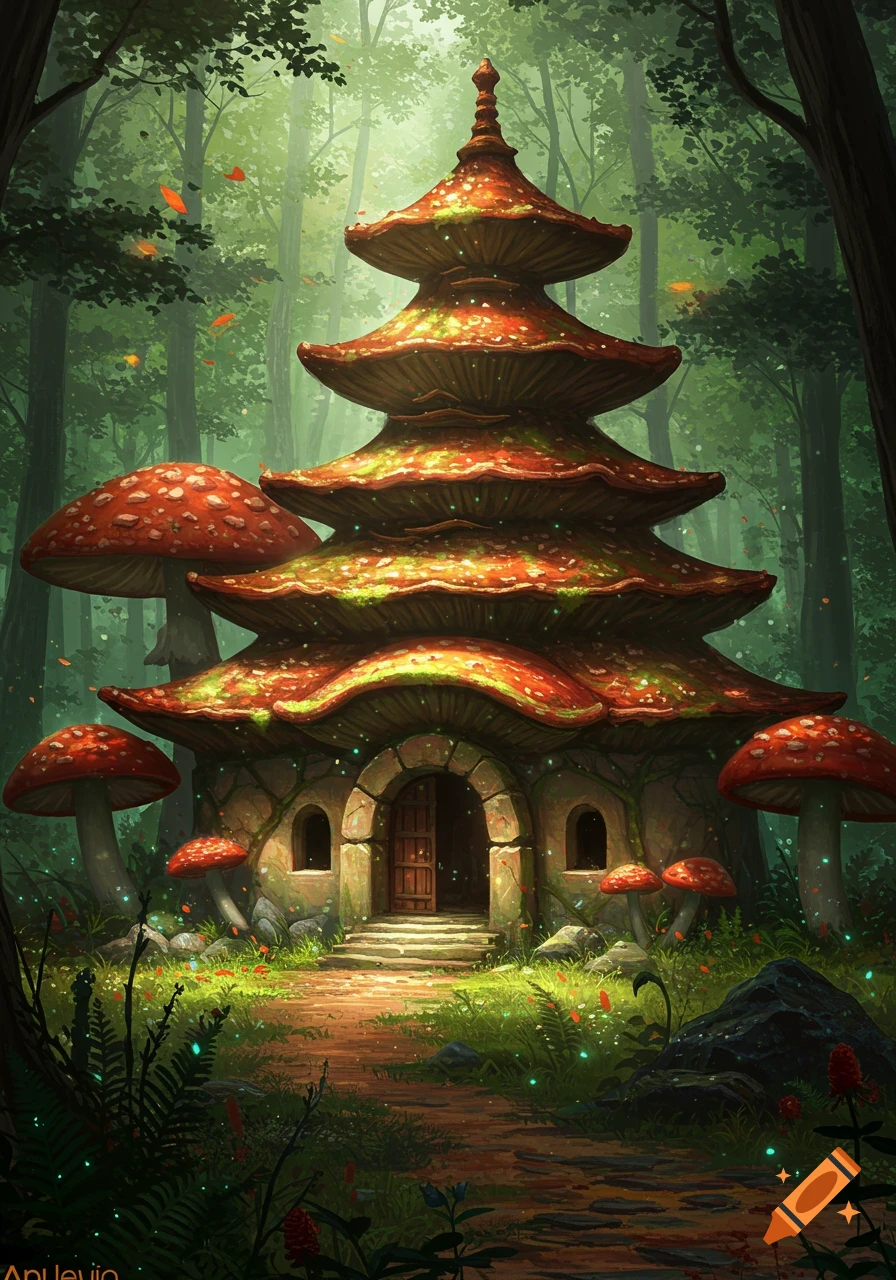 A detailed fantasy illustration of a mushroom-pagoda house in an enchanted forest, with a path leading to its door.