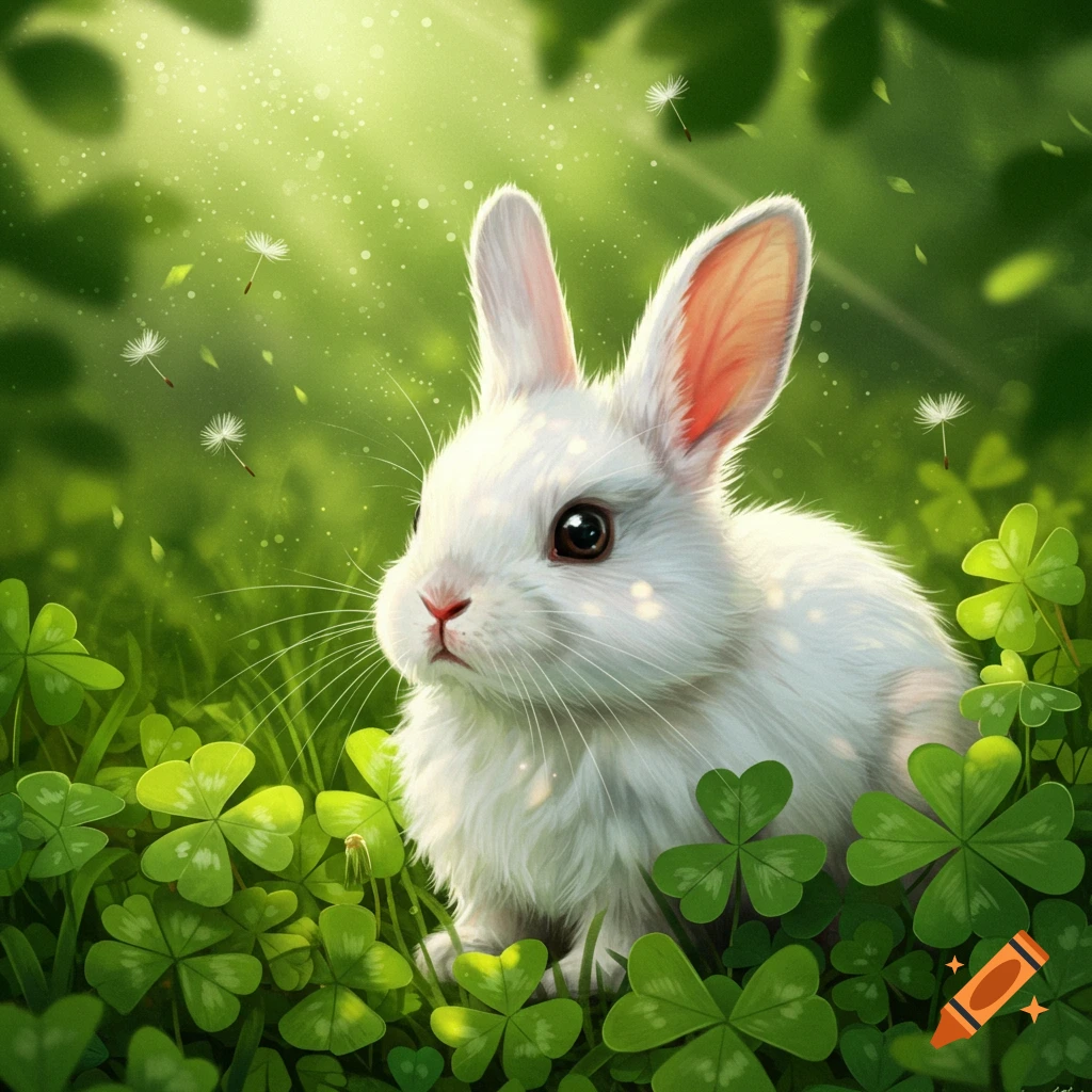 A cute white rabbit with pink ears sits in bright green clover, surrounded by floating dandelion seeds in a sunlit forest.