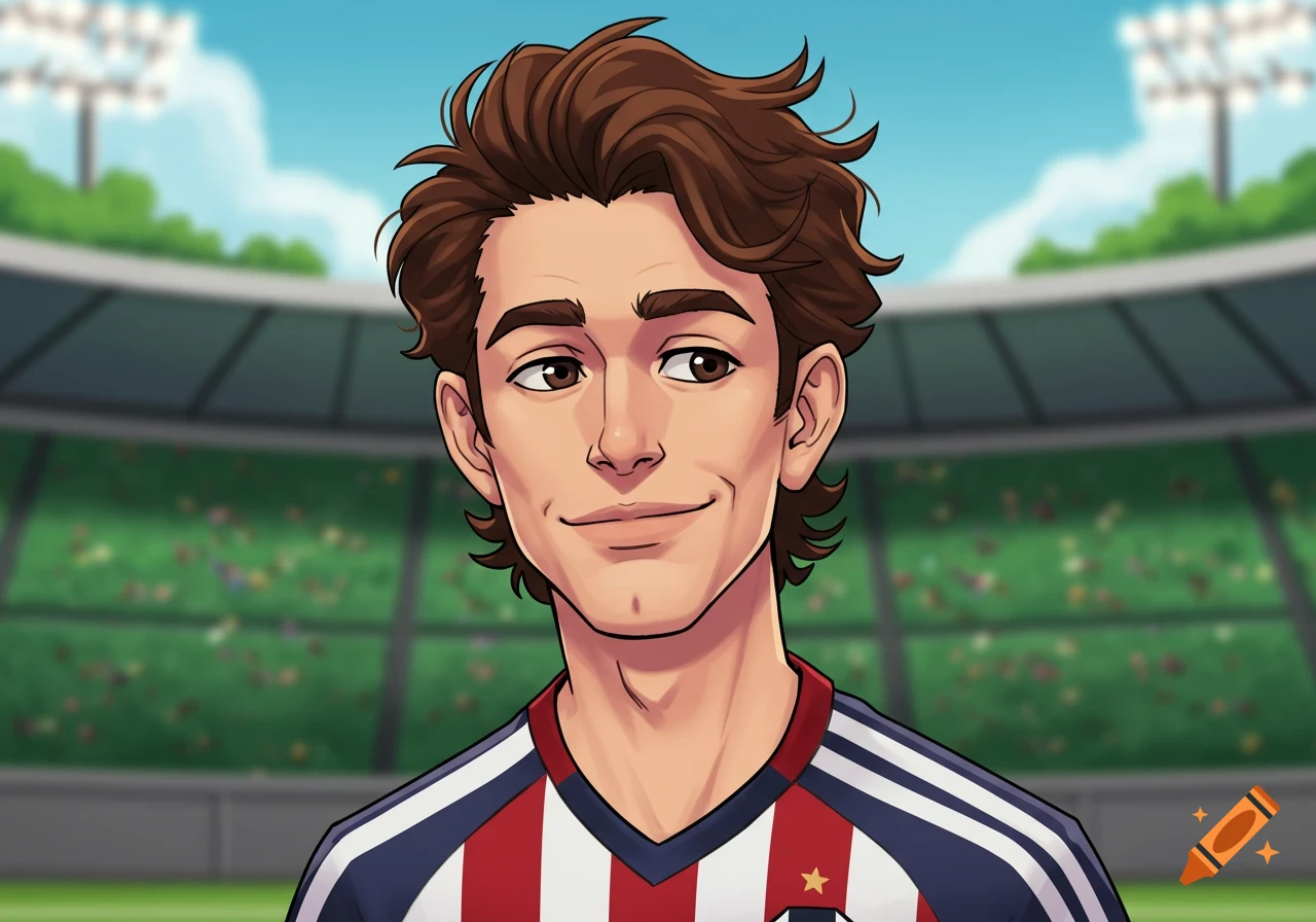 A cartoon illustration of a male soccer player with brown hair, smiling slightly, against a blurred stadium background.