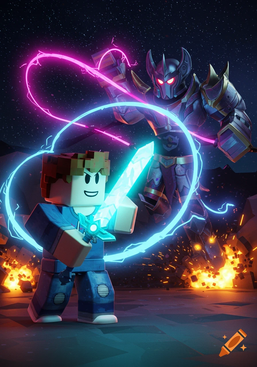 A blocky Roblox character with a glowing blue sword fights a dark knight-like figure with pink energy in a nighttime battle scene.