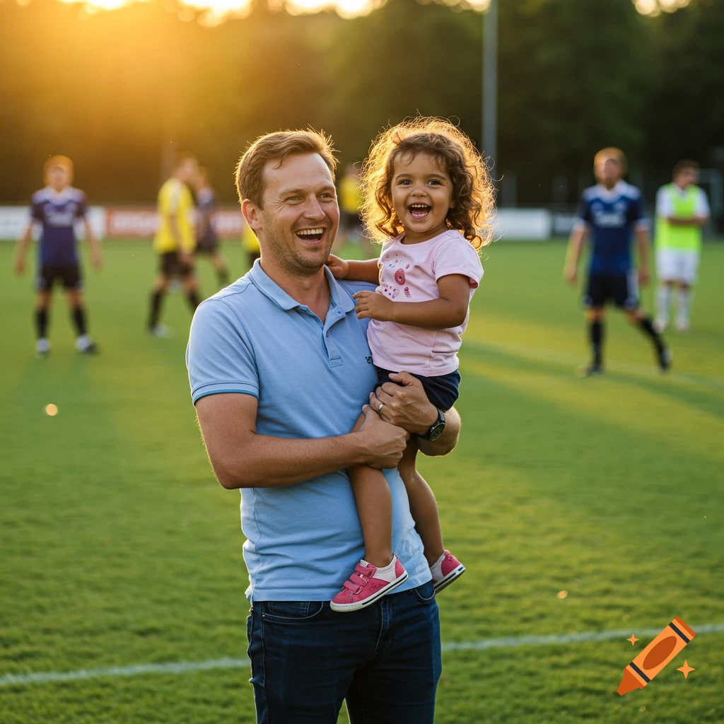 A joyful man holds a laughing little girl on the sidelines of a soccer field at sunset, with players blurred in the background.
