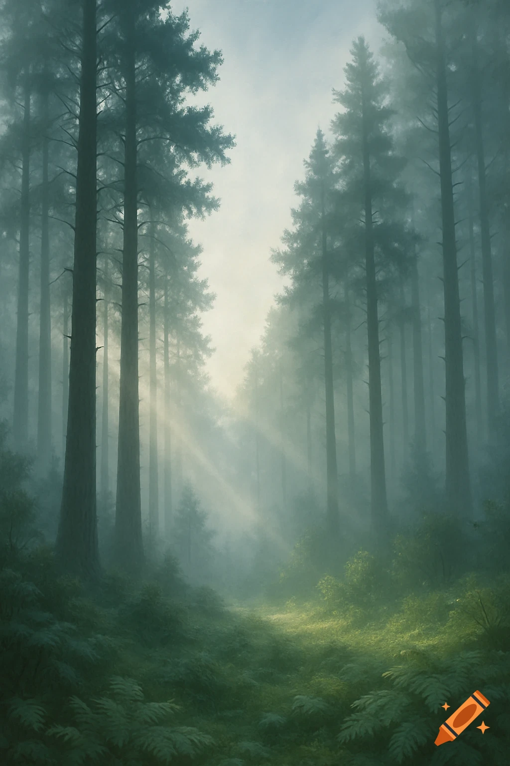 Sunlight streams through a dense, foggy pine forest, illuminating a path through the misty green undergrowth.