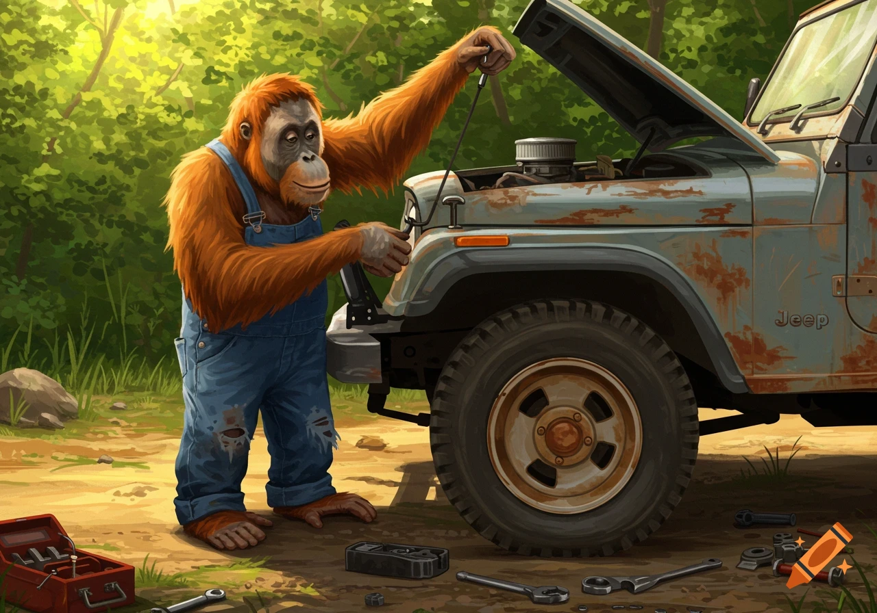 An orangutan in blue overalls works on the engine of a rusty light blue Jeep in a sunny, lush green forest setting, surrounded by tools.