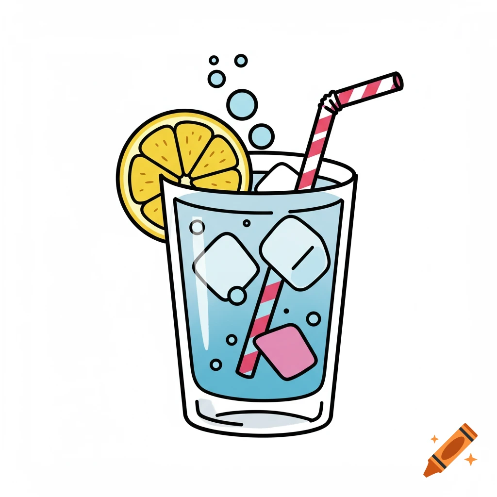 Simple cartoon illustration of a cocktail with ice, lemon slice, and striped straw.