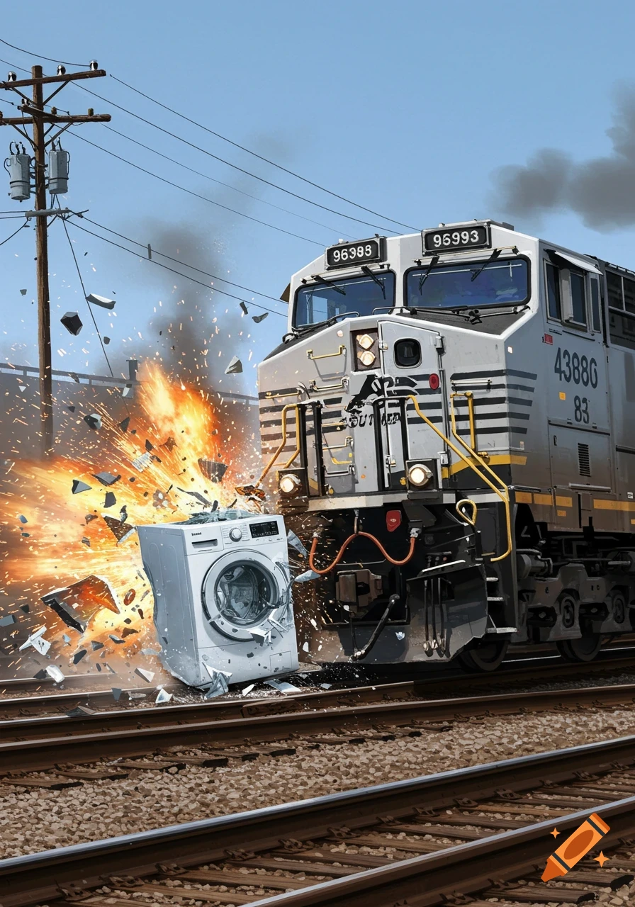 A stylized image of a Norfolk Southern train crashing into and exploding a Beko washing machine on railroad tracks.