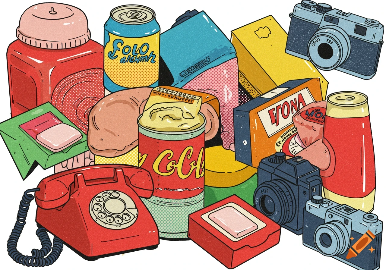 A vibrant pop art illustration depicting a collage of everyday objects like cameras, soda cans, a telephone, and various packaged goods.