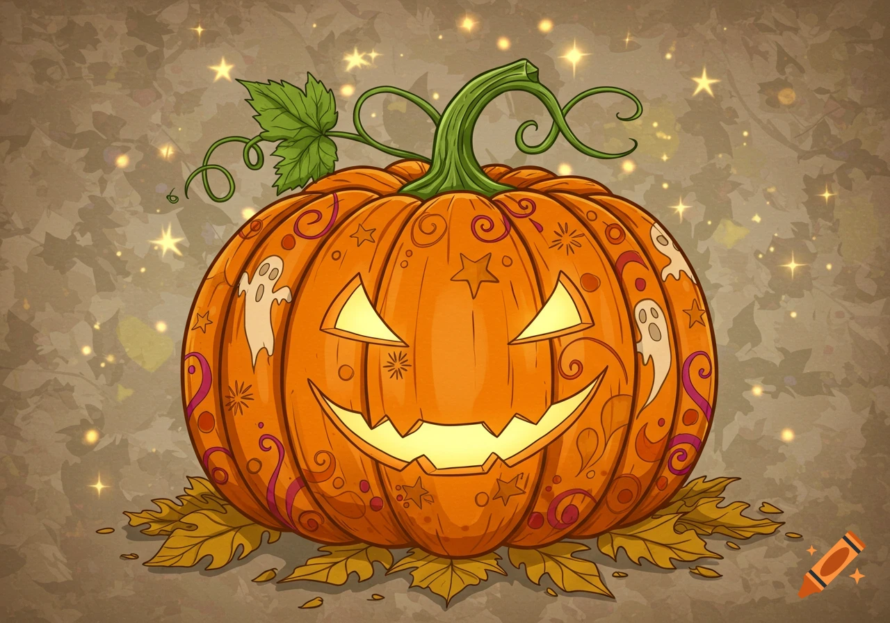 A vibrant cartoon jack-o'-lantern with carved eyes and a smiling mouth, decorated with ghosts and stars, sitting on autumn leaves against a sparkling background.