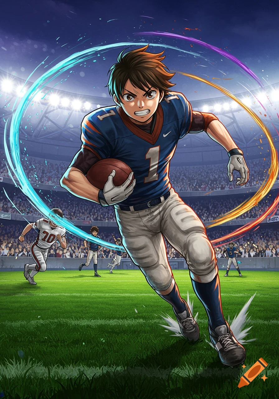 An anime-style football player in a blue and orange jersey with the number 1 runs with the ball on a green field in a stadium.