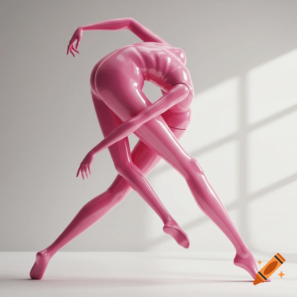 A shiny pink mannequin figure in a highly contorted, ballet-like pose against a minimalist white background.