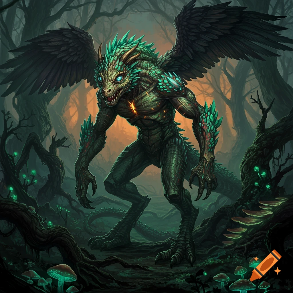 A bipedal winged monster with green scales, glowing blue eyes, and sharp claws stands in a dark fantasy forest with glowing mushrooms.