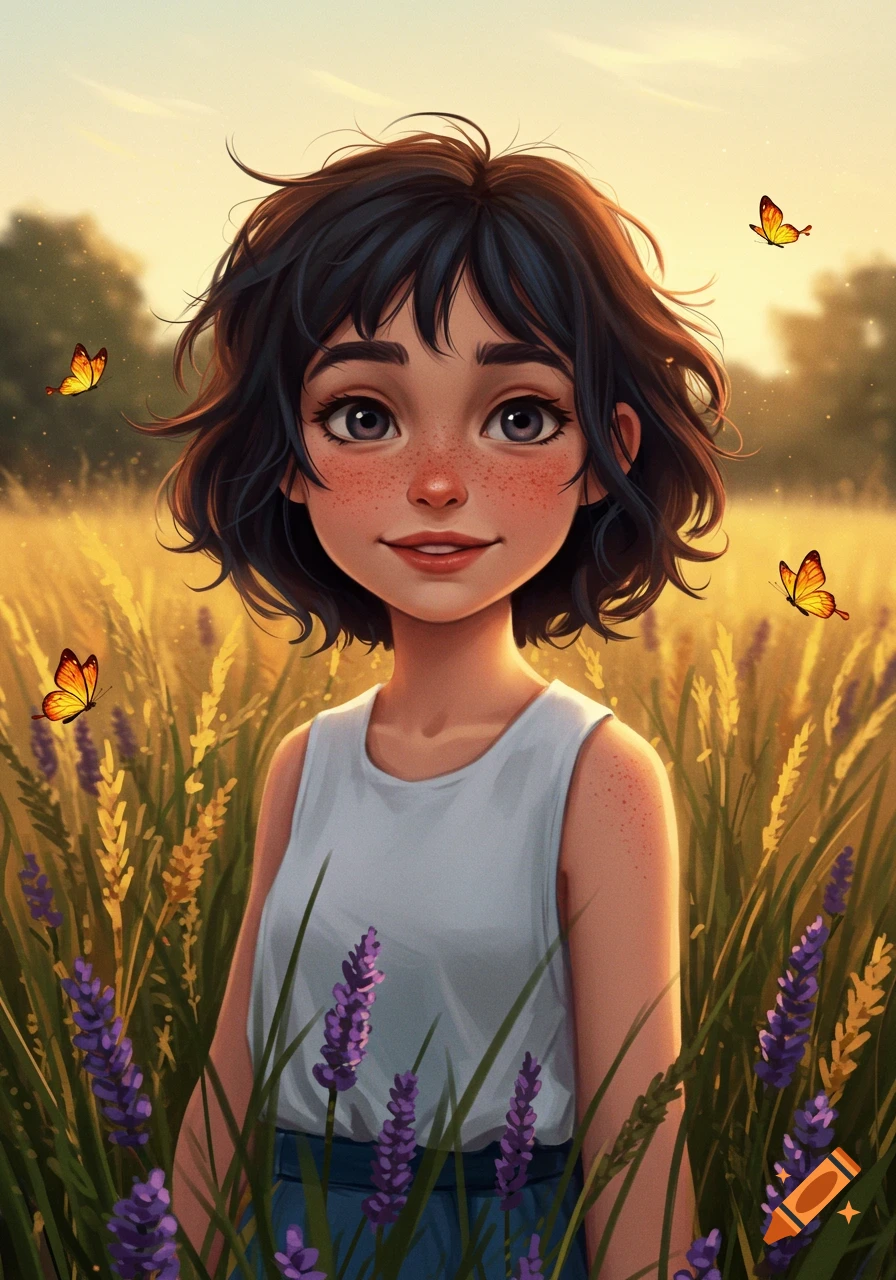 A stylized illustration of a smiling girl with short dark hair and freckles standing in a sunlit field of golden grass and purple lavender, with butterflies.