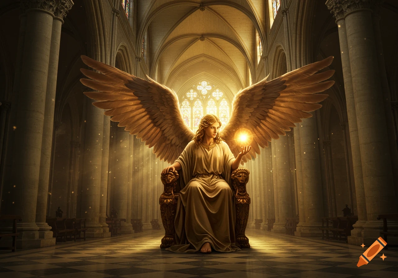 An angelic figure with large golden wings sits on an ornate throne in a grand, sunlit cathedral, holding a glowing orb.