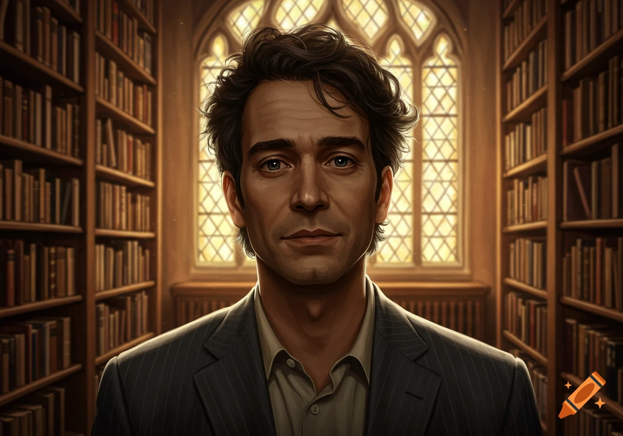 A man with dark curly hair and a suit stands in a grand library in front of a large arched window, looking forward.