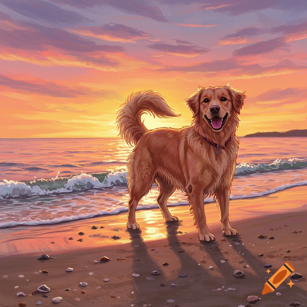 A happy golden retriever stands on a sandy beach at sunset, with waves gently lapping the shore in a vibrant illustration.