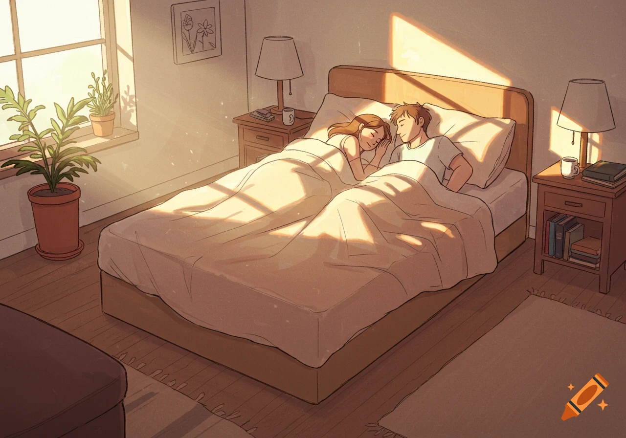 A serene 2D drawing of a couple sleeping in a sunlit bedroom, with plants by the window and soft morning light.