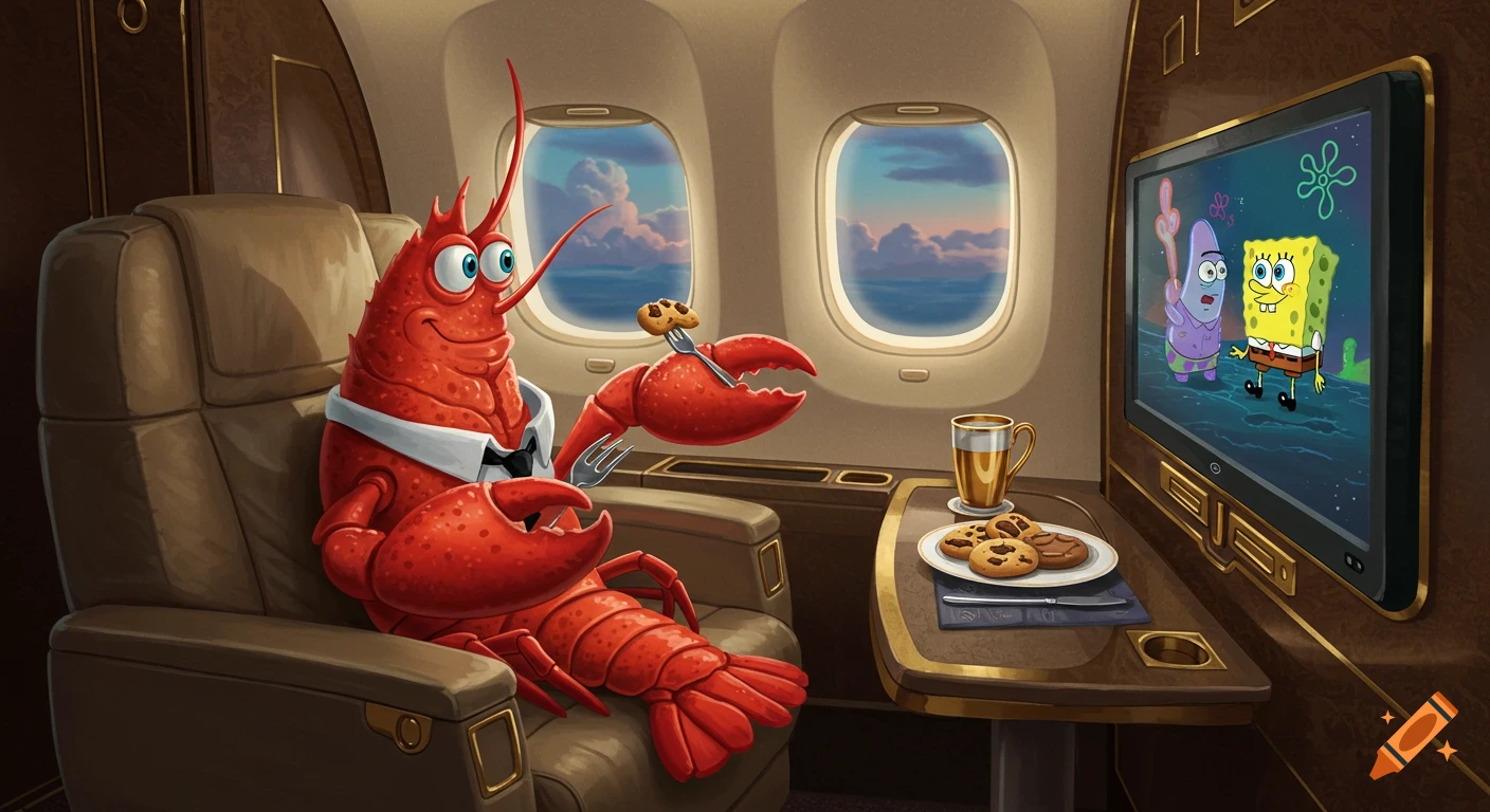 A cartoon lobster in a suit sits in a luxury airplane, eating cookies and watching SpongeBob on a TV screen.