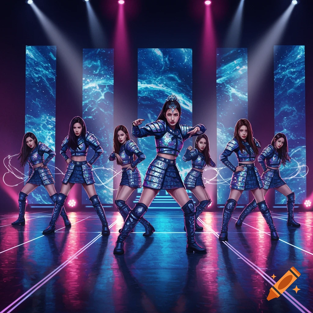Six women in futuristic blue and silver K-Pop warrior outfits pose on a stage with glowing blue screens and reflective lighting.