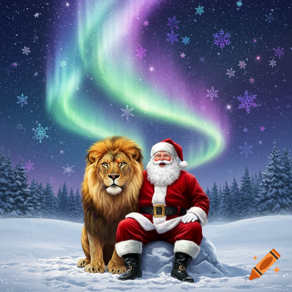 Santa Claus and a lion sit in a snowy forest under a vibrant aurora borealis sky with colorful snowflakes.