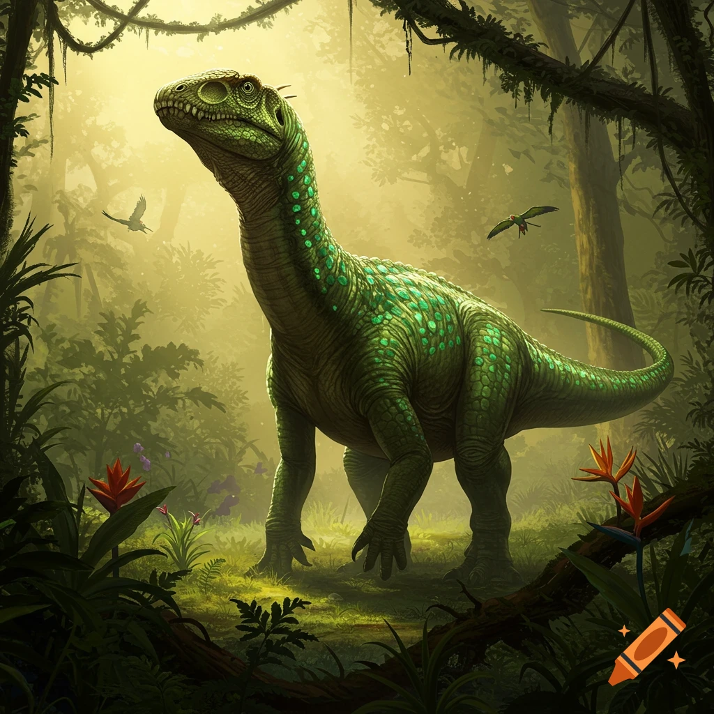 A vibrant green dinosaur with glowing spots stands in a misty, sunlit jungle, with birds flying.