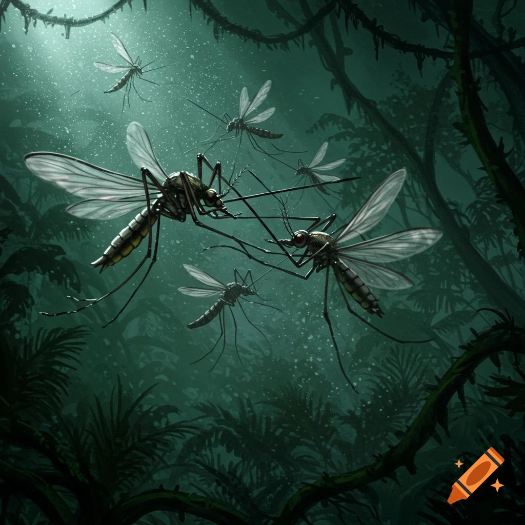 Several mosquitos with translucent wings fly in a dark, lush jungle with light filtering through the canopy, digital art.