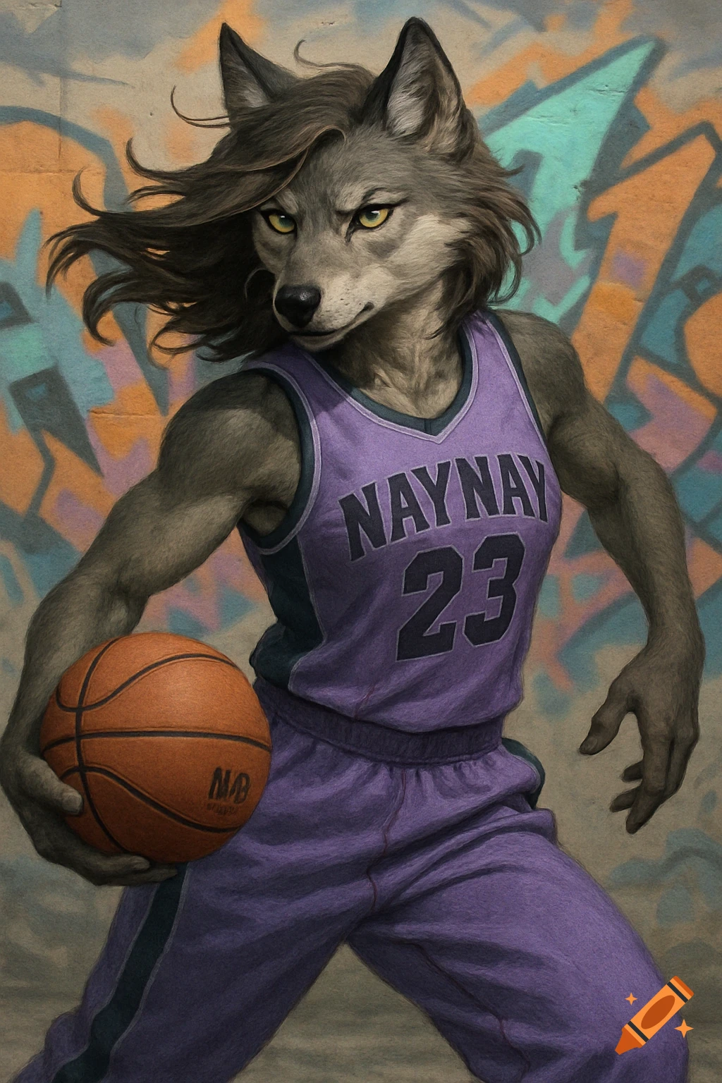 An anthropomorphic wolf woman in a purple basketball jersey and sweatpants holds a basketball, standing confidently against a colorful graffiti wall.