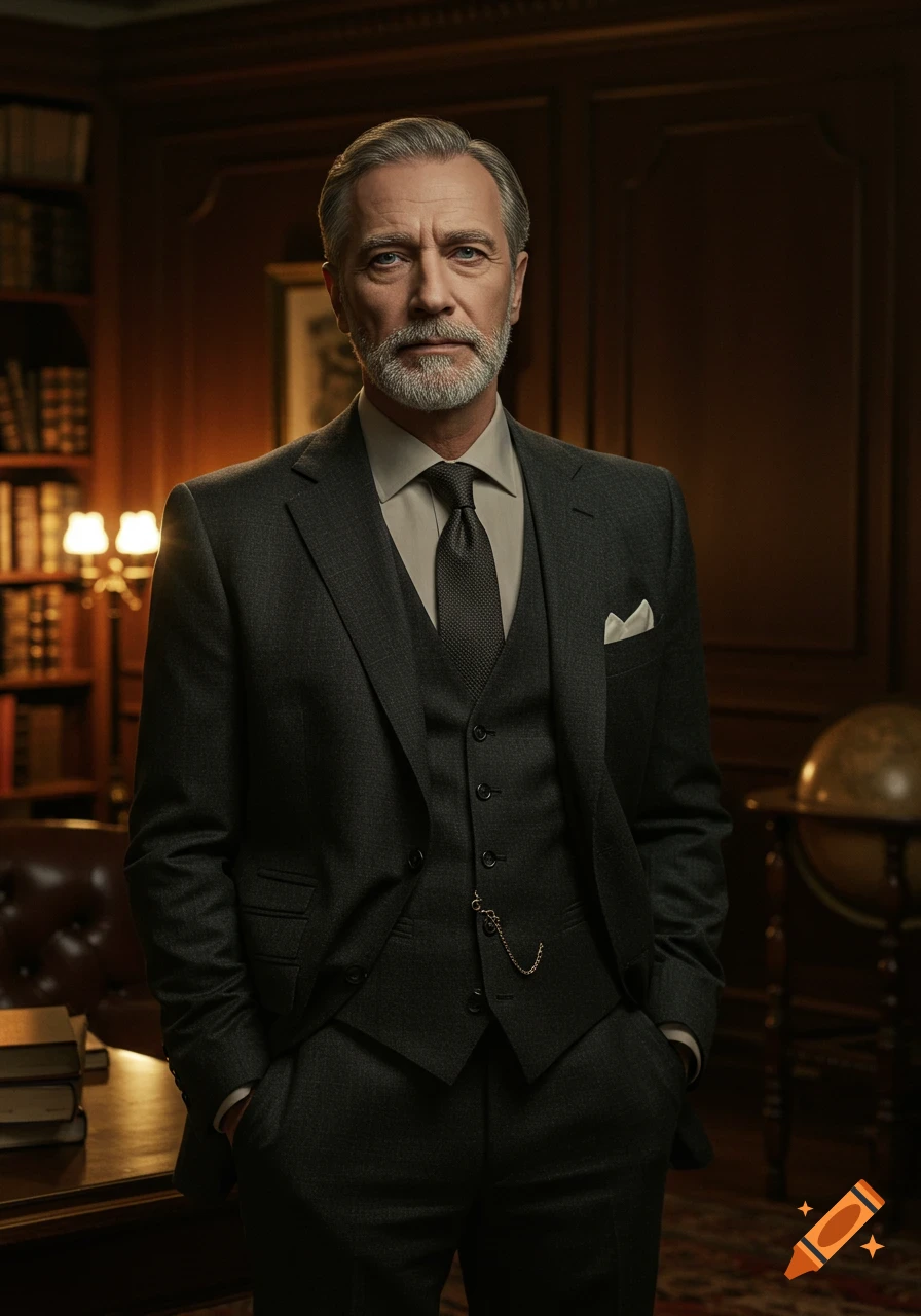 A distinguished grey-haired man in a dark three-piece suit stands in a richly furnished library, hands in pockets.