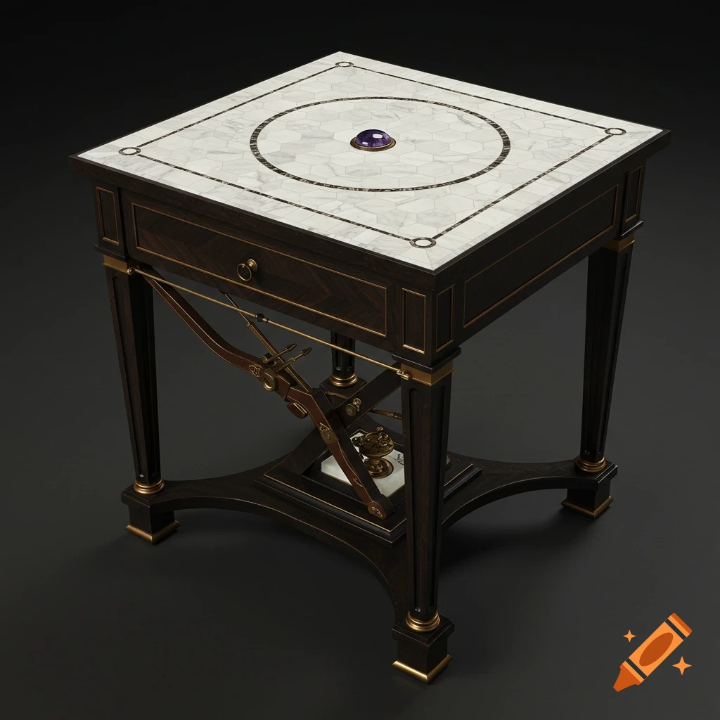 A luxurious square dark wood table with a white marble hexagon pattern top, an amethyst button, and intricate brass mechanical details.