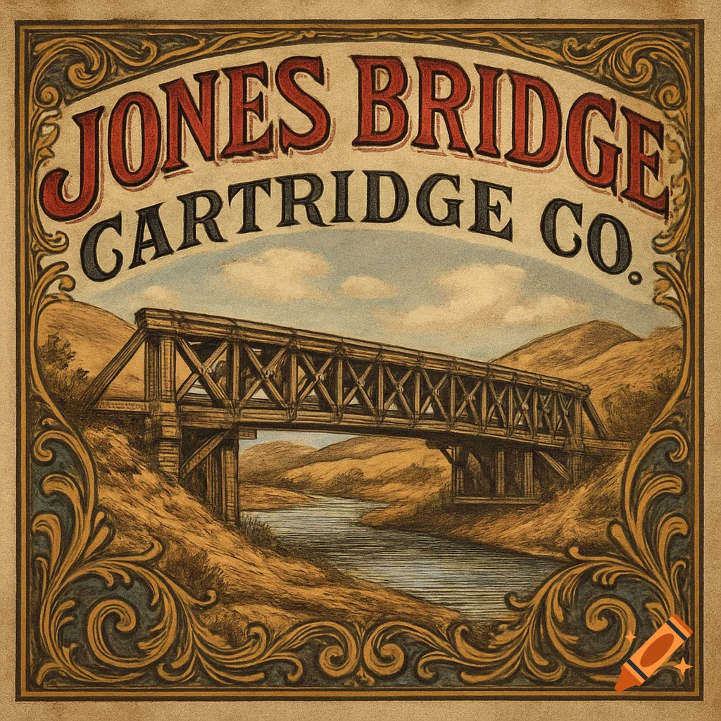 A vintage-style ammunition box label featuring a wooden bridge over a river, with text 'Jones Bridge Cartridge Co.' and ornate borders.