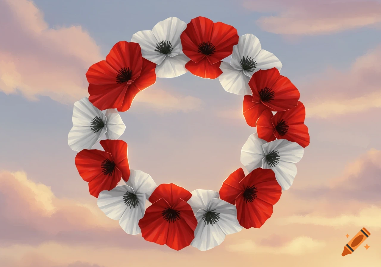A circular wreath made of red and white origami poppies, set against a soft, pastel-colored cloudy sky.