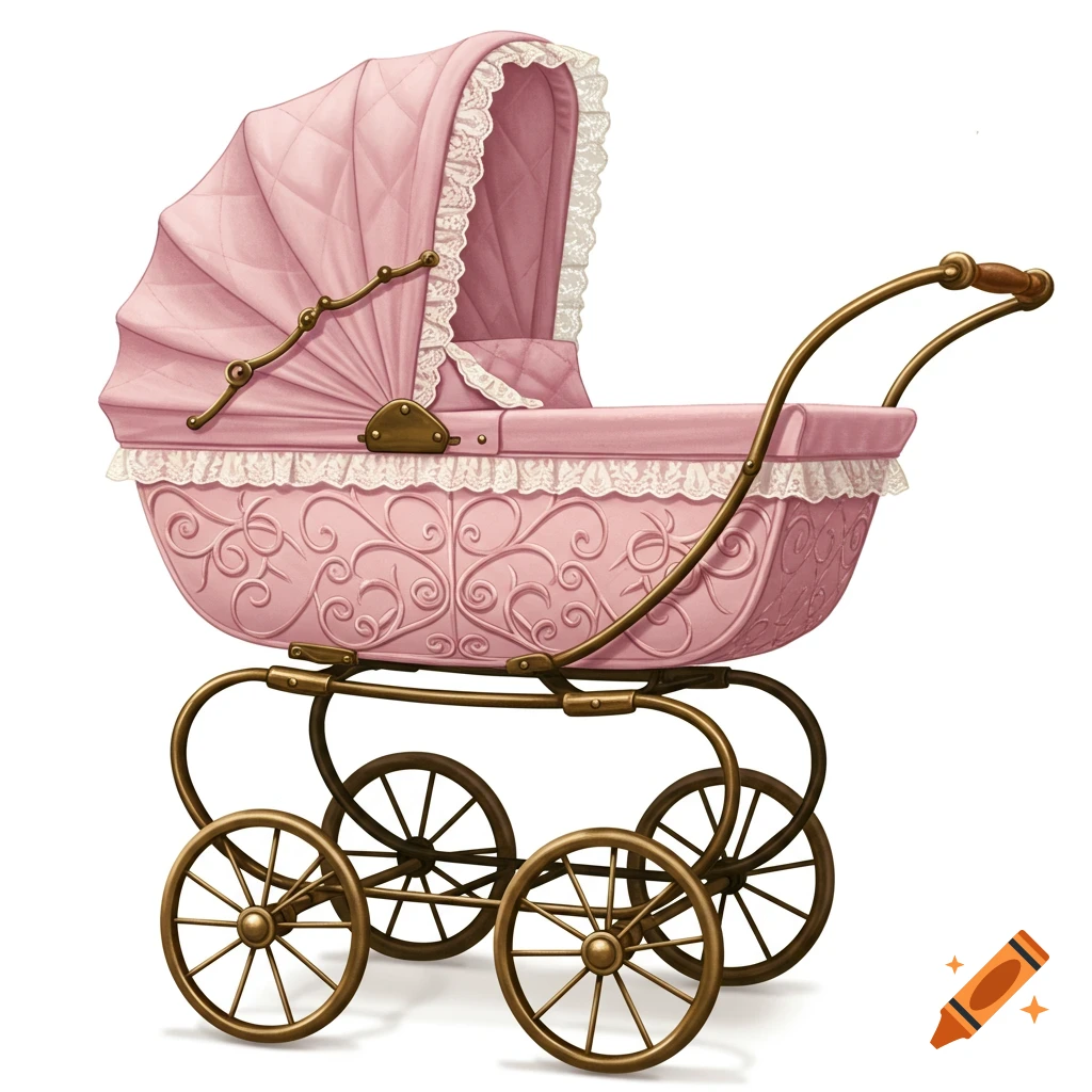 A pink, vintage-style baby stroller with a quilted canopy, lacy trim, and ornate gold metal frame and wheels on a white background.