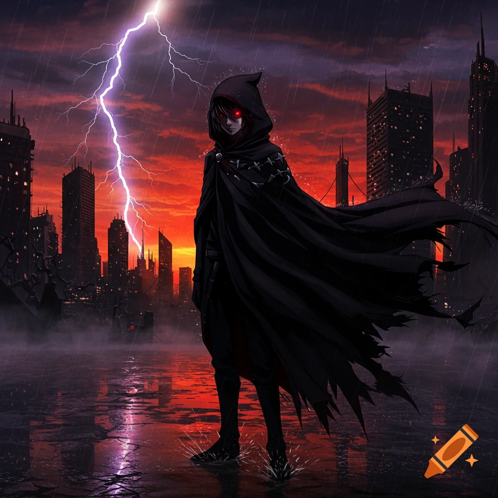 An anime-style hooded figure with glowing red eyes stands in a stormy, destroyed city under a lightning bolt.