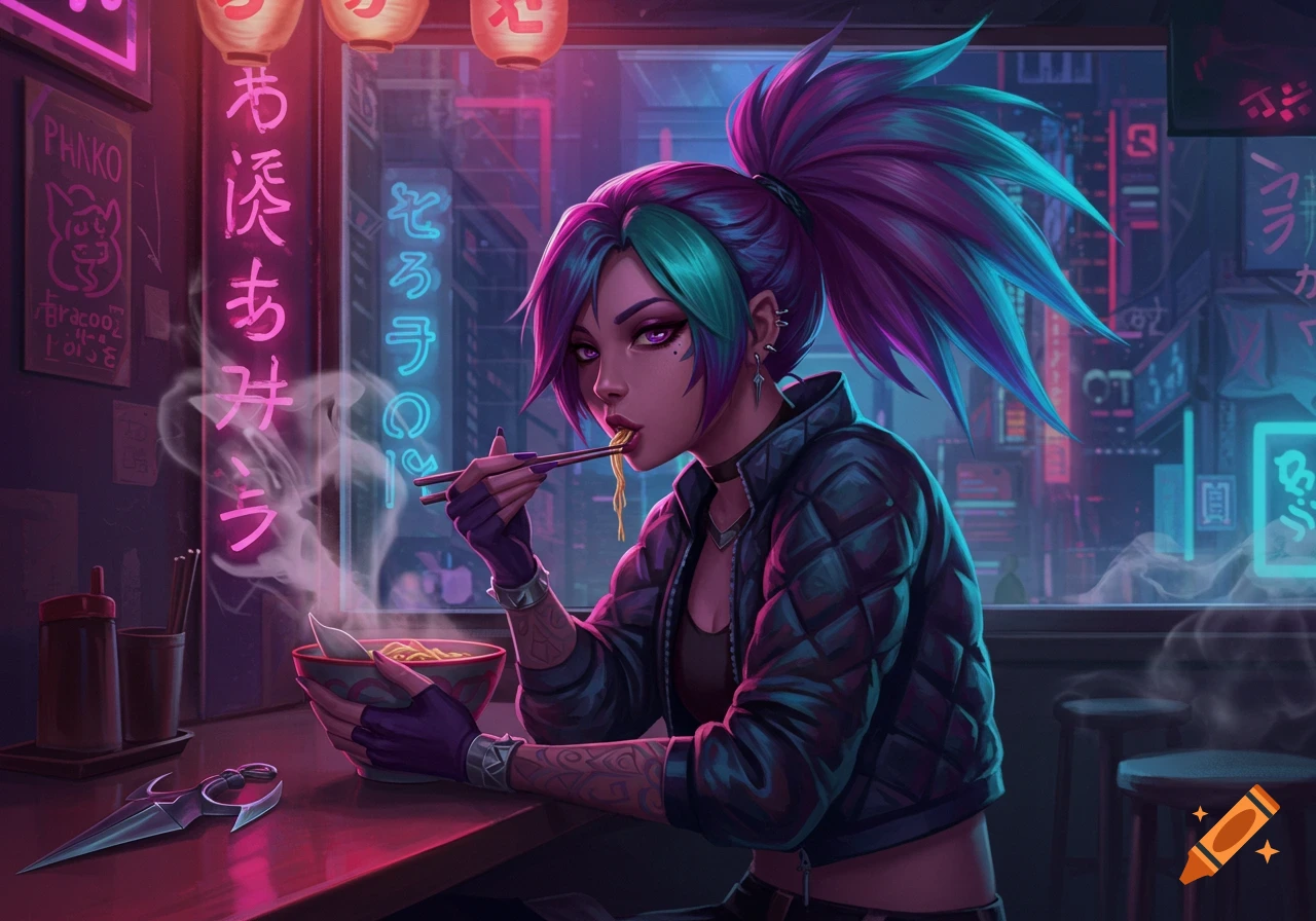Akali from League of Legends eating ramen with chopsticks in a neon-lit cyberpunk city at night, anime style.