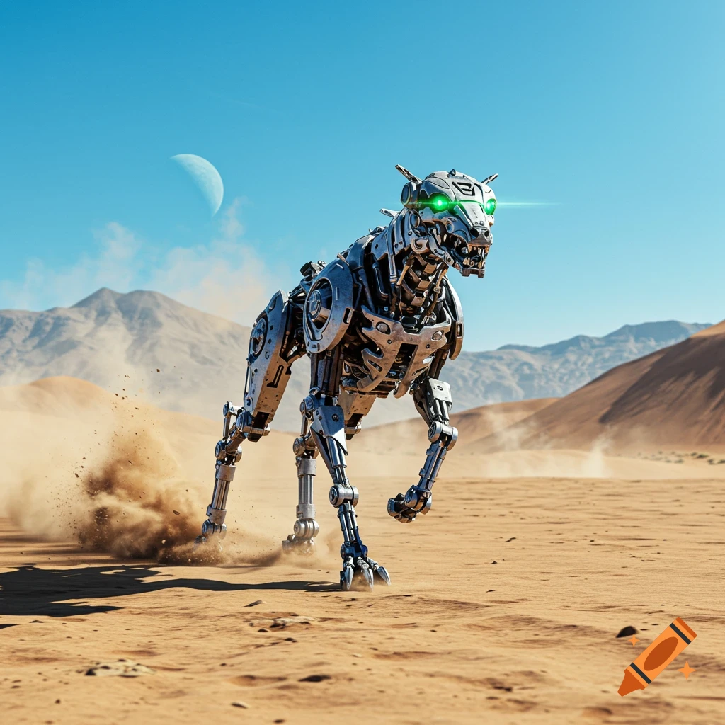 A detailed metallic robot dog with glowing green eyes runs through a sandy desert with mountains and a crescent moon.