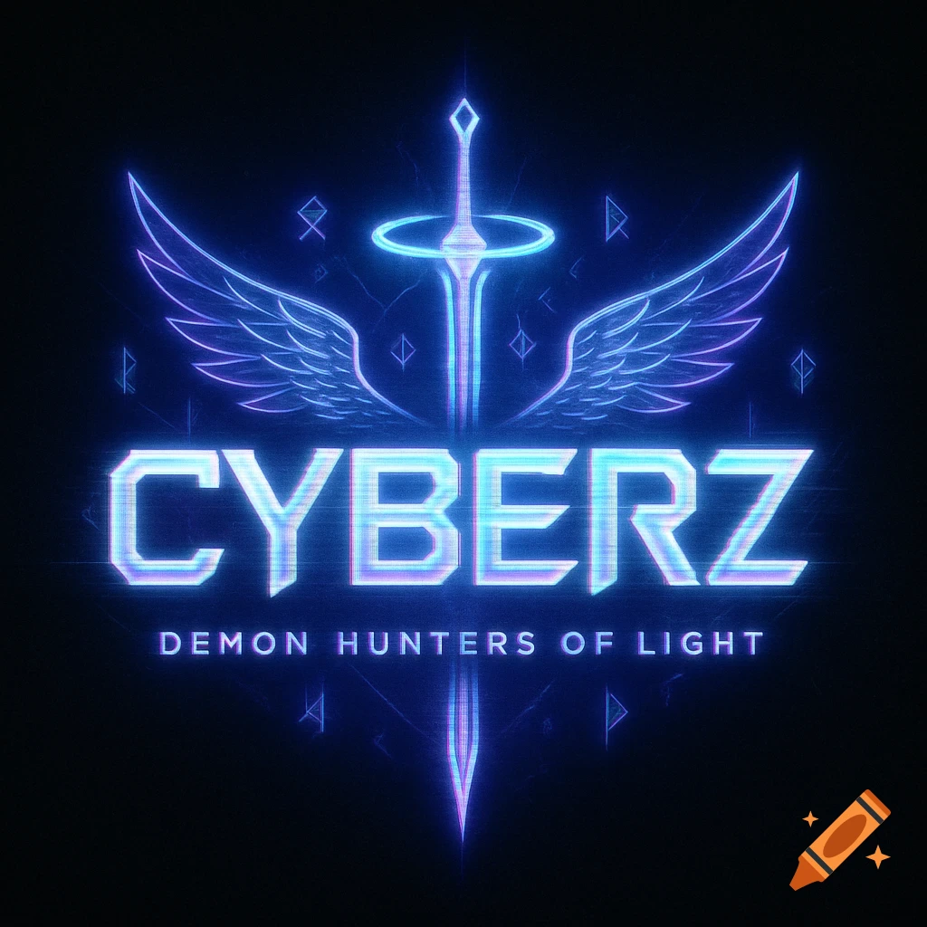 Futuristic K-pop logo for CYBERZ, featuring a neon blue and purple sword with wings and glitch effects, with text 'DEMON HUNTERS OF LIGHT'.