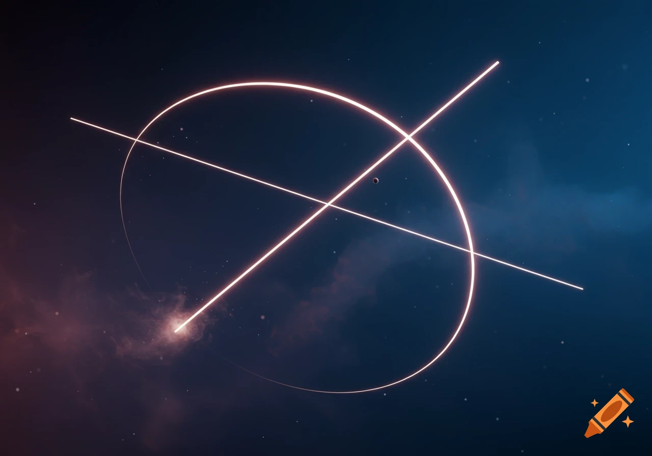 A glowing neon-like circle intersected by two straight lines against a dark blue and purple cosmic background with faint stars.