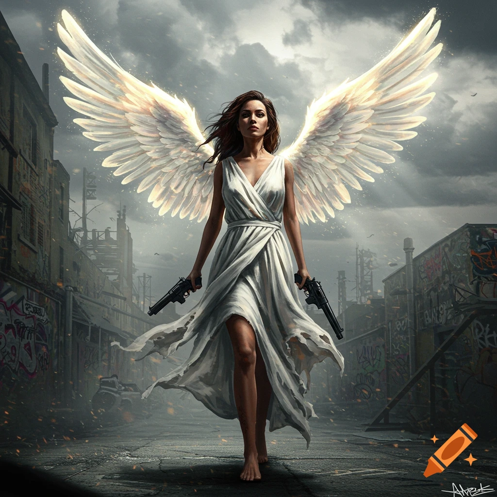 A woman with large, glowing white angel wings walks barefoot, wearing a ripped white dress and holding a pistol in each hand, through a graffiti-covered, dystopian city street.