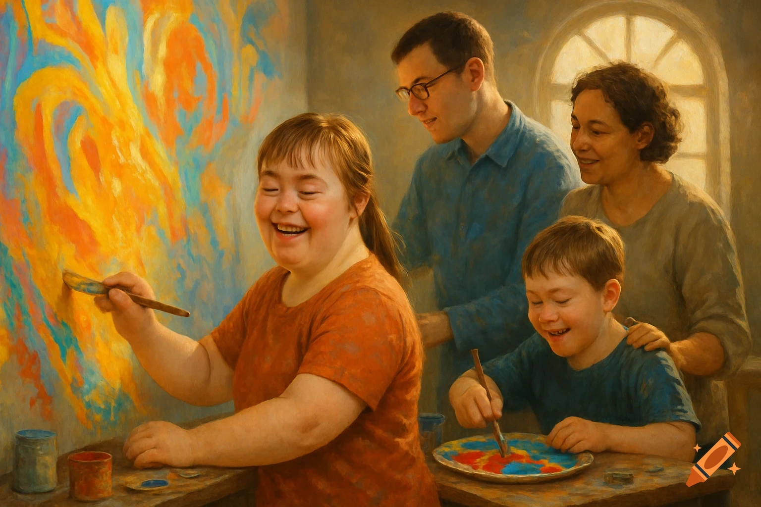 Joyful girl with Down syndrome painting with family. A boy and two adults smile in a painterly scene.