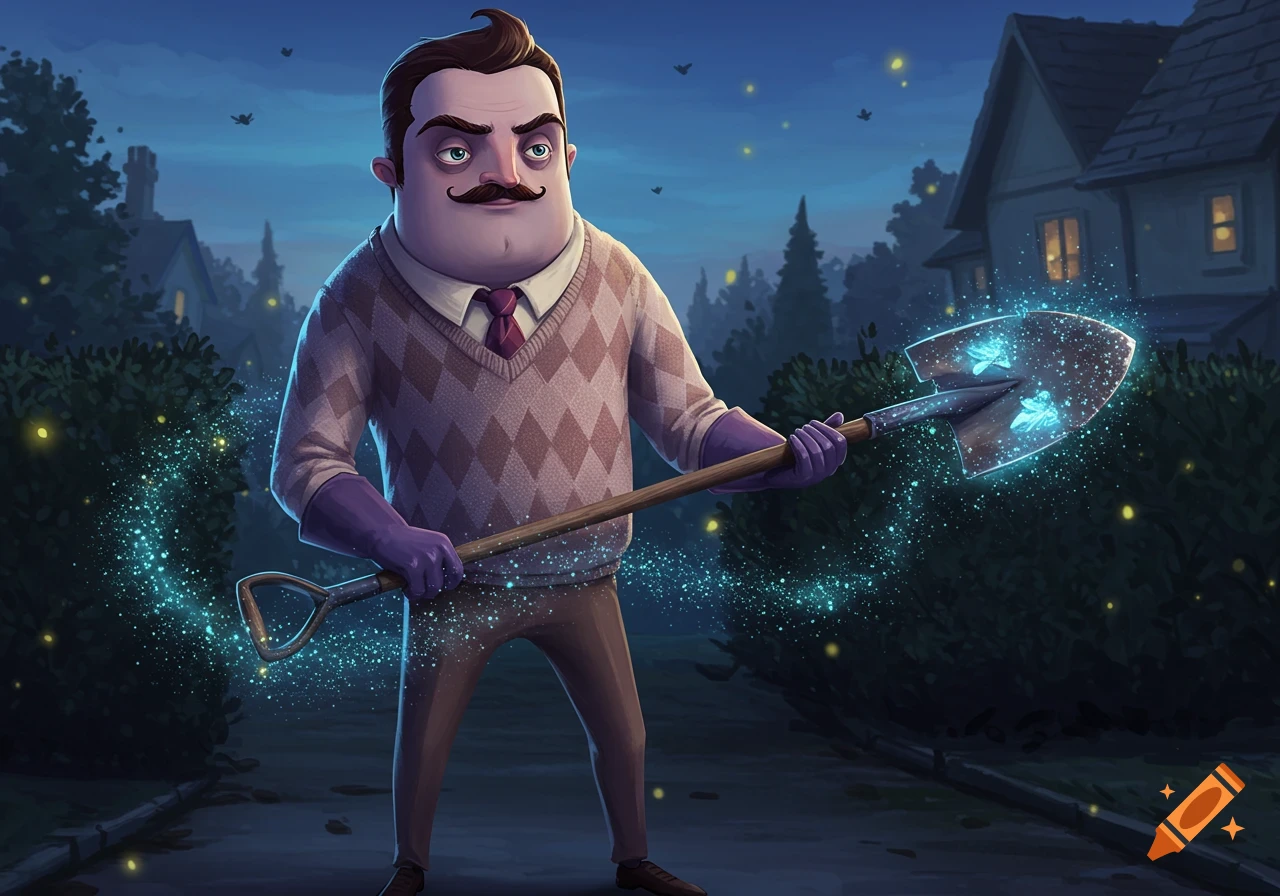 A man with a mustache and sweater vest holds a glowing, magical shovel at twilight in front of houses.