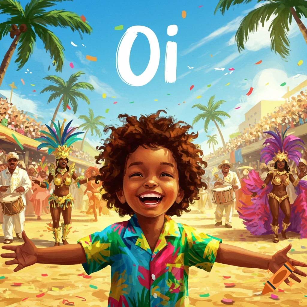 A joyful child in a colorful tropical shirt with the word 'Oi' above, celebrating at a vibrant outdoor carnival parade.