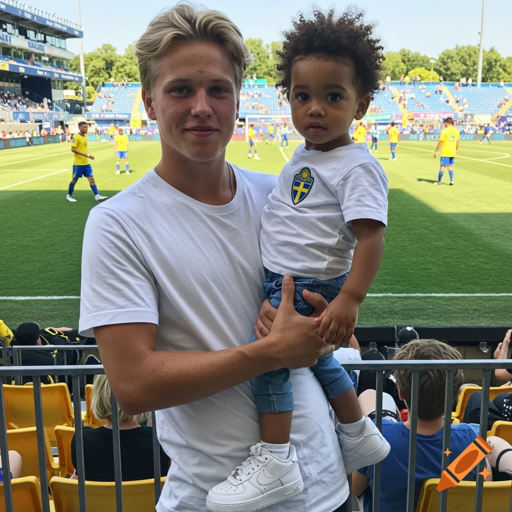 Young blonde man holding a toddler wearing a Swedish crest shirt and white Nike shoes at a sunny soccer stadium.