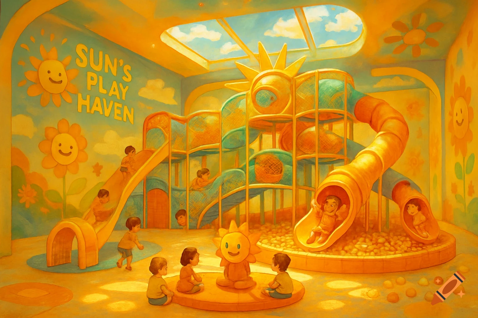 Colorful indoor children's play area with slides, climbing structures, and kids playing, painted in warm yellows and blues.