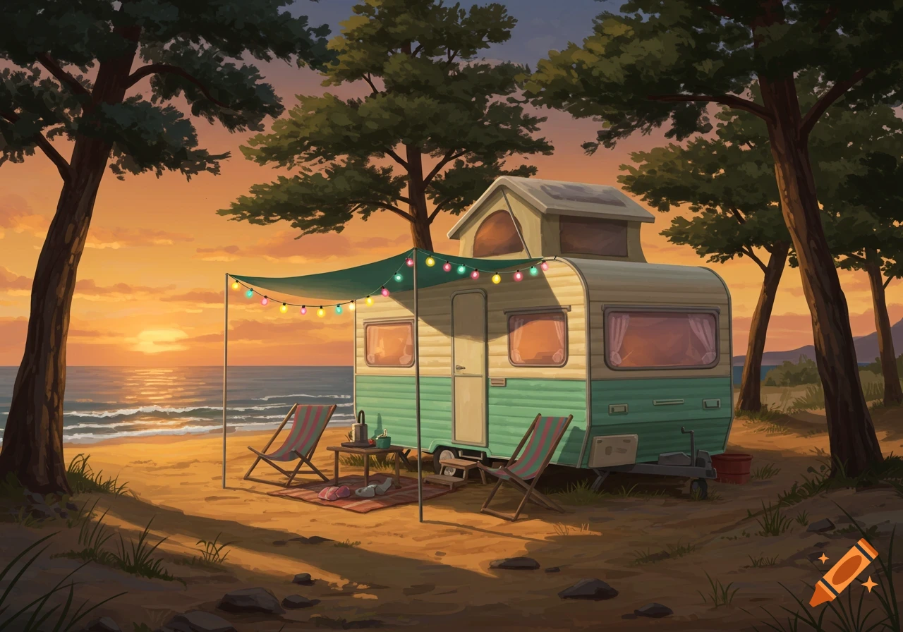 An illustrated caravan campsite on a sandy beach at sunset, with string lights, deck chairs, and ocean waves.