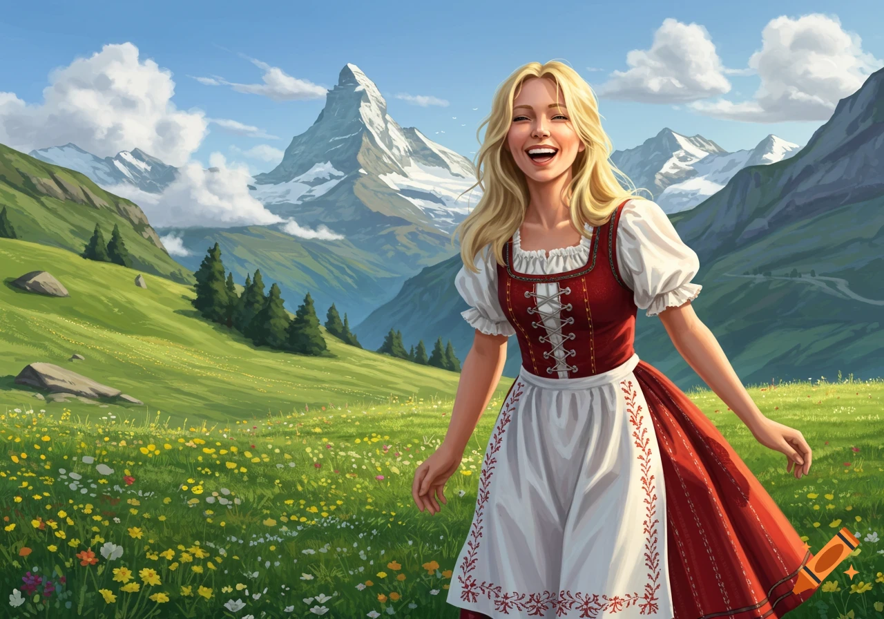 A smiling blonde woman in a traditional Swiss dress stands in a vibrant alpine meadow with wildflowers and snowy mountains.