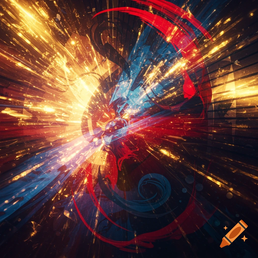 Vibrant abstract explosion of golden light and swirling red and blue energy on a dark background.