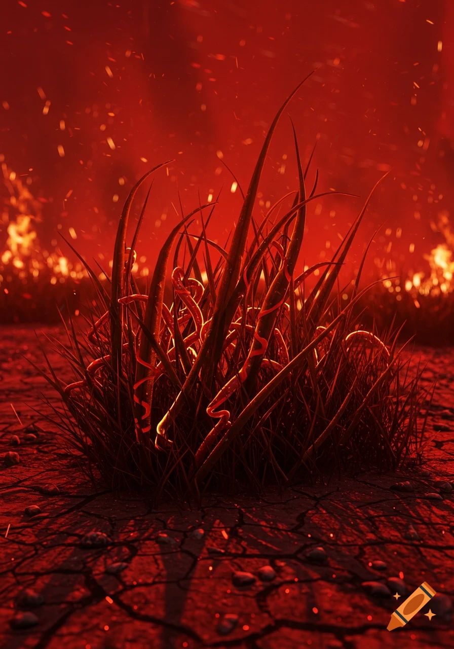 Demonic grass with blood-like veins grows from cracked red ground in a fiery hellscape, with embers and flames in the background.